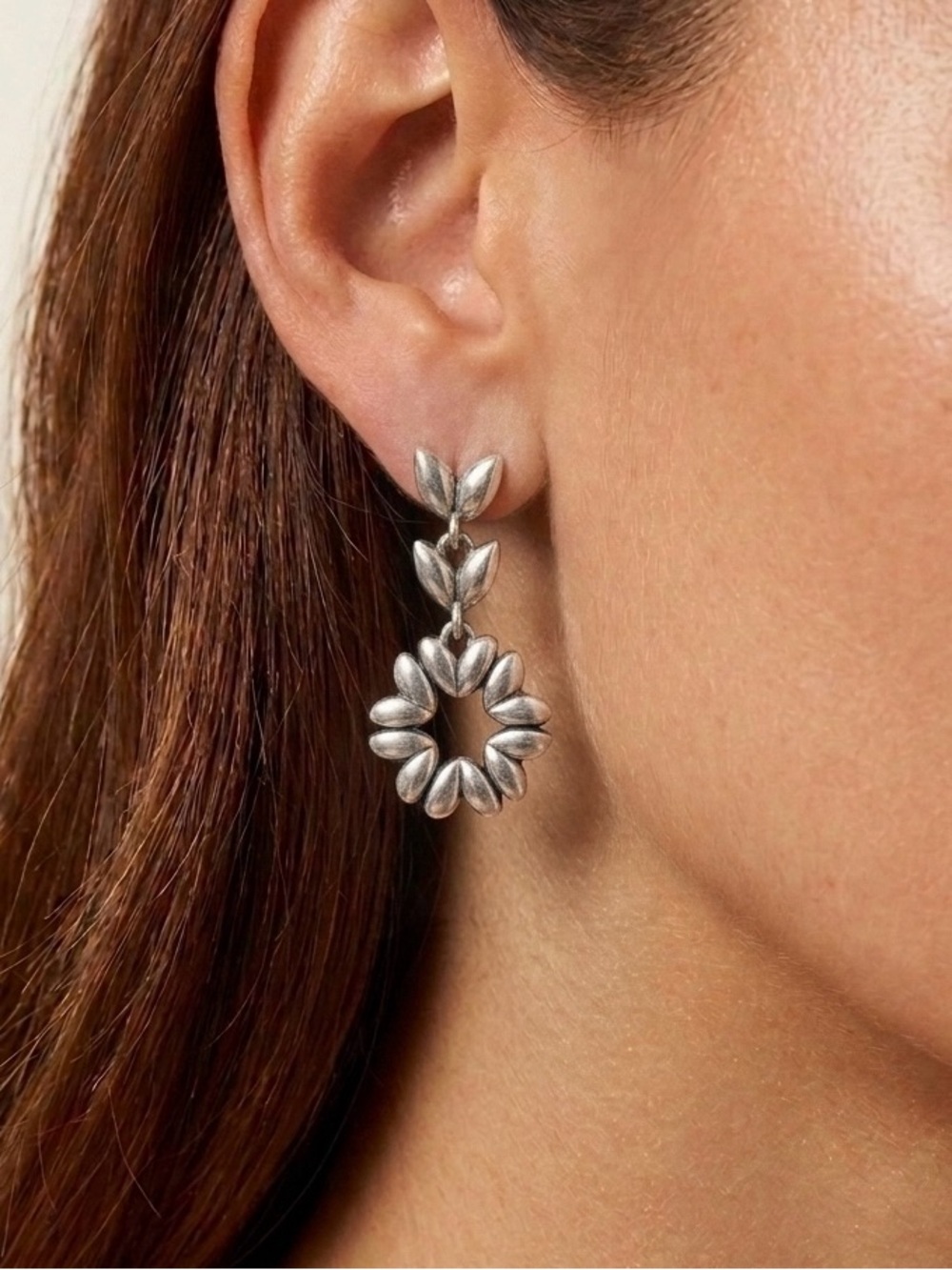 Silver Floral Hoop Drop Earrings - Picture 2 of 3